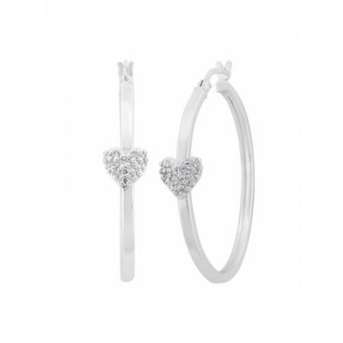 Cubic Zirconia Sterling Silver Pave Heart Hoop Earrings