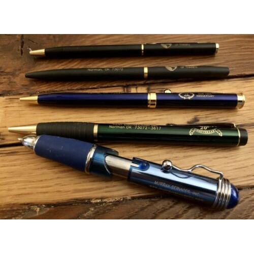 All Metal Engraved Advertising Pens: 4 Cross Twist Style, 1 Telescoping Shorty