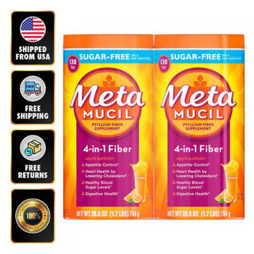 2 Packs Metamucil Fiber Supplement Orange Sugar Free 260 Servings + Energy EXP