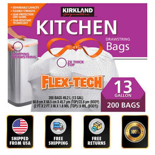 Kirkland Signature Flex-Tech 13 Gallon Kitchen Trash Bag 200 Count w/ Drawstring