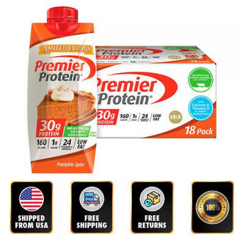 18 Pack Premier 30 Gr Protein Shakes 11 Oz + Vitamins Minerals Pumpkin Spice EXP