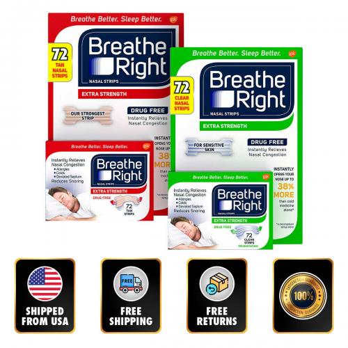 Breathe Right Extra Strength Nasal x 72 Clear Strips Instant Sleep Better