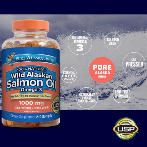 Pure Natural Alaska Omega-3 Wild Salmon Oil 1000 mg (210 Softgels) Vitamin D EXP