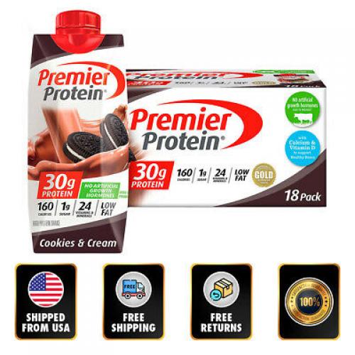 18 Pack Premier 30 Gr Protein Shakes 11 Oz Vitamins Minerals Cookies & Cream