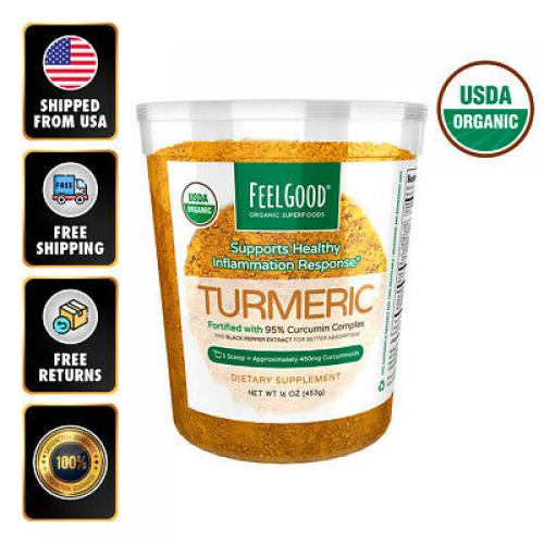 Feel Good USDA Organic Turmeric Powder 16 Oz Fortified Curcumin Black Pepper EXP