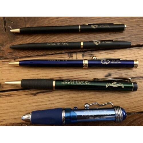 All Metal Engraved Advertising Pens: 4 Cross Twist Style, 1 Telescoping Shorty