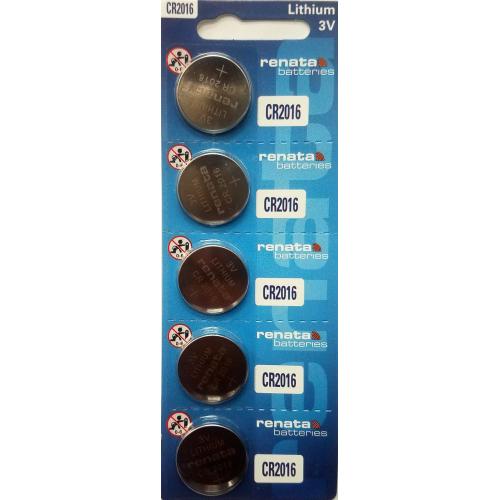 Renata CR2016 Lithium Battery, Package of 5