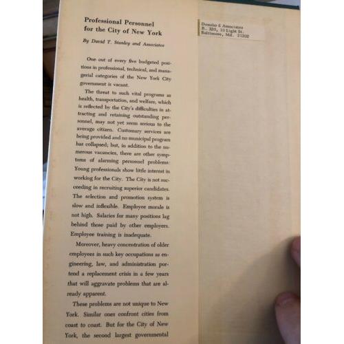 Professional Personnel for the City of New York hardcover 1963 1st Edition