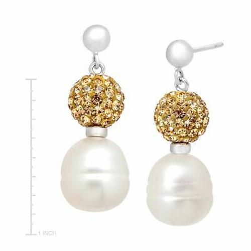 Freshwater Pearl Drop Earrings w Champagne Swarovski Crystals in Sterling Silver