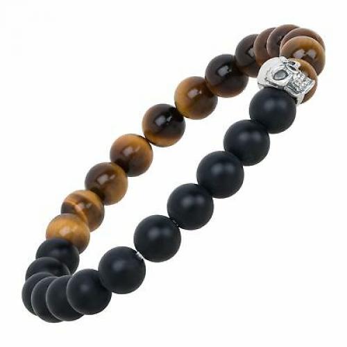 Natural Black Agate & Tiger's Eye Skull Stretch Bracelet, Sterling Silver, 7.25