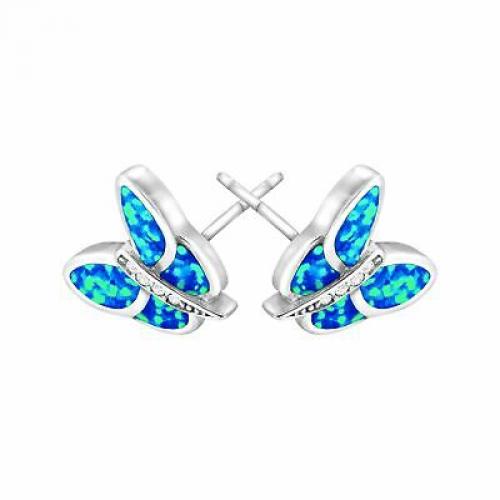 Created Blue Opal & White Sapphire Butterfly Stud Earrings in Sterling Silver