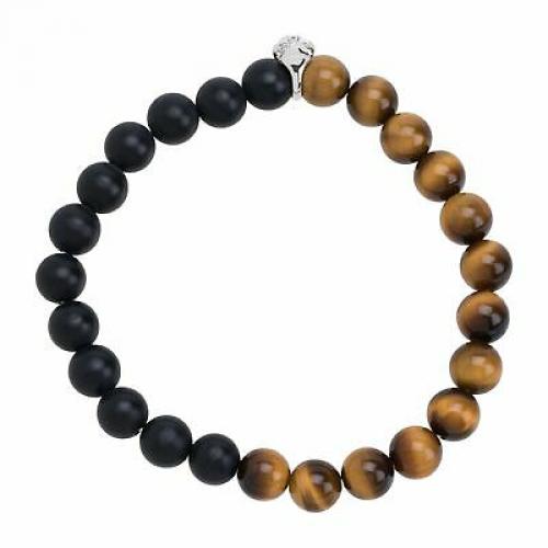 Natural Black Agate & Tiger's Eye Skull Stretch Bracelet, Sterling Silver, 7.25