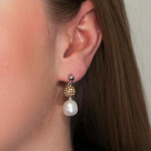 Freshwater Pearl Drop Earrings w Champagne Swarovski Crystals in Sterling Silver