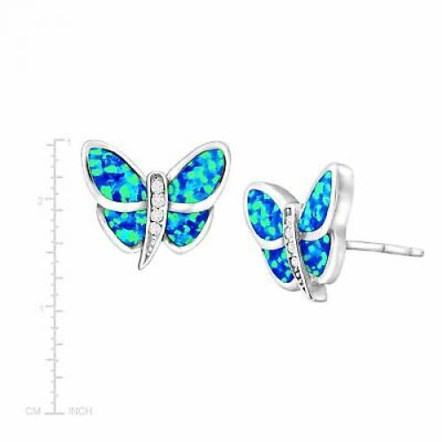 Created Blue Opal & White Sapphire Butterfly Stud Earrings in Sterling Silver