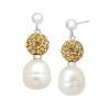 Freshwater Pearl Drop Earrings w Champagne Swarovski Crystals in Sterling Silver