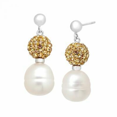 Freshwater Pearl Drop Earrings w Champagne Swarovski Crystals in Sterling Silver