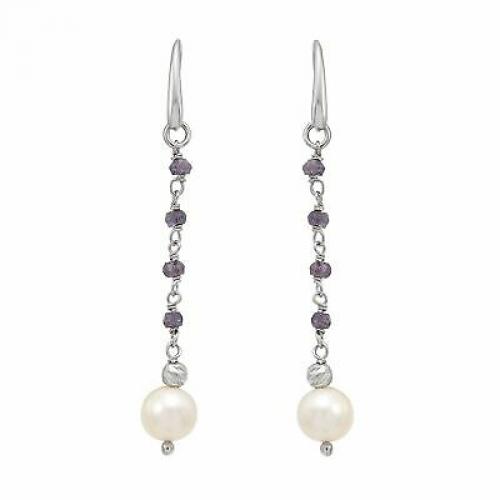 Honora 8-9 mm FW White Pearl & Natural Iolite Drop Earrings in Sterling Silver