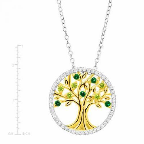 Tree of Love Pendant w/ Green CZ & Created White Sapphire 18K Gold-Plated Silver