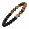 Natural Black Agate & Tiger's Eye Skull Stretch Bracelet, Sterling Silver, 7.25