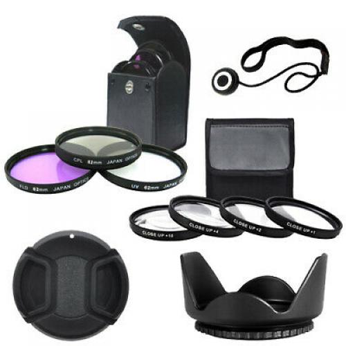 62mm Close up Lens Set + Filter Kit + Tulip Lens Hood + Lens Cap + Cap Keeper