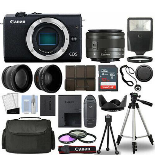 Canon EOS M200 Camera Body Black+ 3 Lens Kit 15-45mm IS STM+ 32GB + Flash & More