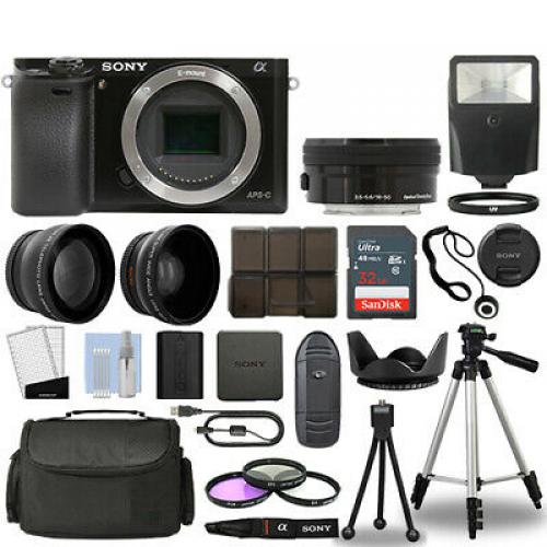 Sony Alpha a6000 Camera Body Black + 3 Lens Kit 16-50mm OSS+ 32GB + Flash & More