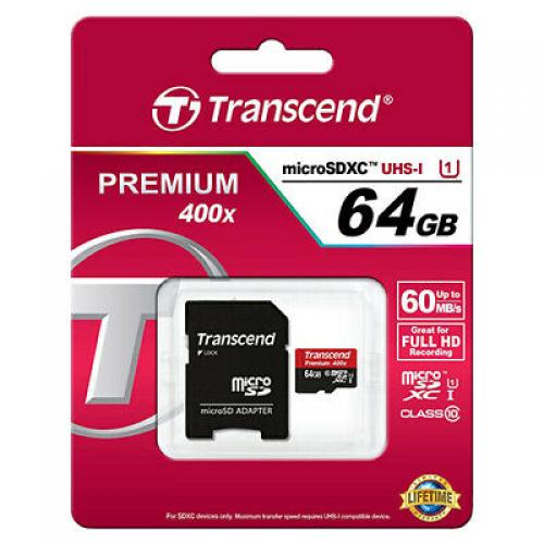 Transcend 64GB Premium microSDXC UHS-1 Class 10 Flash Memory Card& Adapter 60MBs