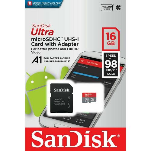 SanDisk Ultra 16GB Class 10 microSDHC UHS-1 Flash Memory Card& Adapter 98MB/s A1